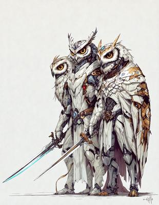 The image features two white owls with gold accents, standing next to each other. They are both holding swords in their hands, giving them a warrior-like appearance. The owls are positioned in the center of the image, with one slightly to the left and the other slightly to the right. The overall atmosphere of the image is one of strength and elegance, with the owls as the main subjects.
